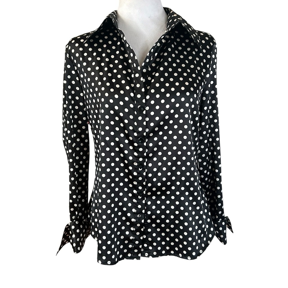 Vintage Black & White Polka Dot Blouse Button-Down Shirt Size L Retro Rockabilly